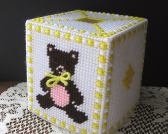 Teddy Bear Plastic Canvas Tissue Box Cover, Teddy Bear Needlepoint Tissue Box Cover, Handcrafted Teddy Bear Tissue Box Cover, Free Shipping