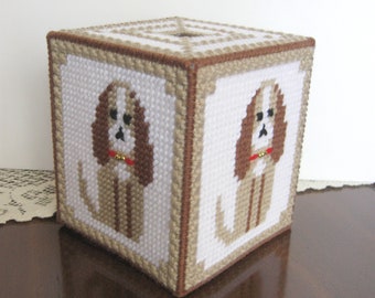 Plastic Canvas Tan and Brown Dog Tissue Box Cover, Needlepoint Tan and Brown Puppy Dog Tissue Box Cover, Dog Tissue Box Cover, Free Shipping