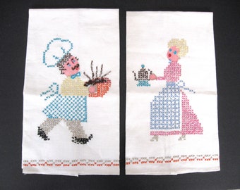 Set of Cross Stitched Tea Towels, Cross Stitched Chef Tea Towel, Cross Stitched Lady Tea Towel, Chef and Lady Towels, Free Shipping