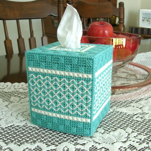 Plastic Canvas Boutique Tissue Box Cover - Needlepoint Tissue Box Cover - Handcrafted Bathroom Accessory - Tissue Box Cover