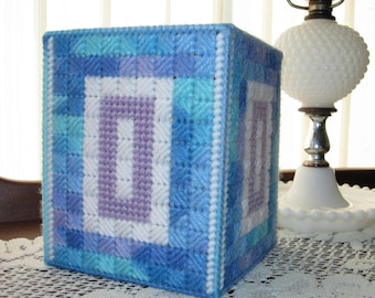 Plastic Canvas Blue and Lavender Tissue Box Cover, Needlepoint Blue and Lavender Tissue Box Cover, Tissue Box Cover, Free Shipping