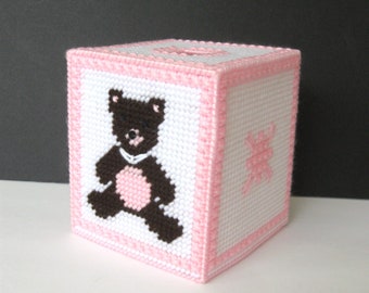 Teddy Bear Plastic Canvas Tissue Box Cover, Teddy Bear Needlepoint Tissue Box Cover, Handcrafted Teddy Bear Tissue Box Cover, Free Shipping