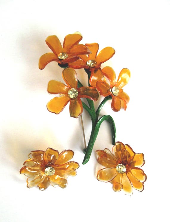 Vintage Lucite Flower Brooch and Clip Earrings - Translucent Orange/Amber Cellulose Lucite Brooch and Earrings - Floral Brooch with Earrings