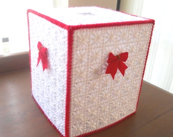 Plastic Canvas Snowflake Design Tissue Box Cover with Red Bow, Needlepoint Snowflake Design Tissue Box Cover with Red Bow, Free Shipping