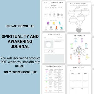 Può includere: Un download digitale di un diario di spiritualità e risveglio. Il diario include pagine per griglie di cristalli, fogli di lavoro sull'amore di sé, sistemi di chakra, pianificatori di incantesimi, routine di yoga e tracker di meditazione. Il testo sull'immagine recita: "Download istantaneo", "Diario di spiritualità e risveglio".