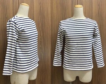 Vintage 90er Jahre Hervé Chapeaulier Breton Top Weiß Blau Streifen Damen Teen Girls Tee Audrey Hepburn Gestreiftes Top T Shirt Größe XS