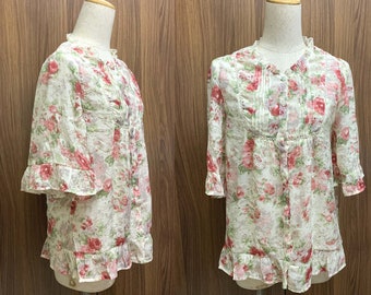 Vintage Flower Womens Shirt Floral Half Sleeve Blouse Girls Blossom Print Summer Top Size XS