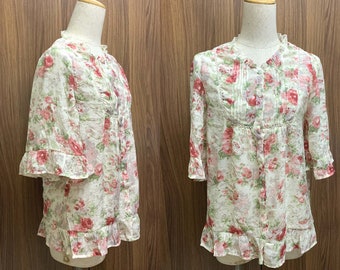 Vintage Blumen Damen Shirt Blumen Halbarm Bluse Mädchen Blossom Print Sommer Top Größe XS