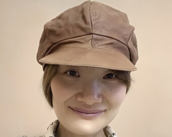 Vintage French Newsboy Leather Cap Hat Brown Leather Men Women Cap