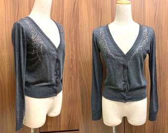 Vintage Bling Bling Grau Damen Strickjacke Dünne Crop V-Ausschnitt Langarm Teen Mädchen Strickjacke Größe S