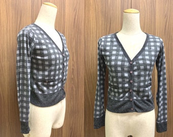 Vintage Grey Checkered Womens Cardigan Thin Crop V Neck Long Sleeve Teen Girls Cardigan Size XS