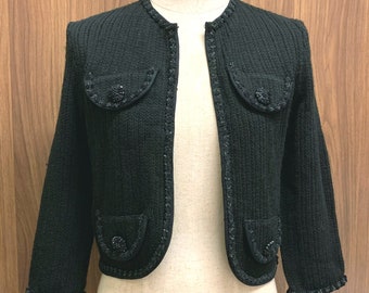 Vintage Black Knit Cardigan Womens Short Jacket Tweed Knit Jacket Long Sleeve Crop Sweater Size XS
