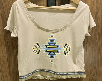 Vintage Beige Boho Frauen T-Shirt Teenager Mädchen Süd West Gedruckt Crop Top Cropped T-Shirt