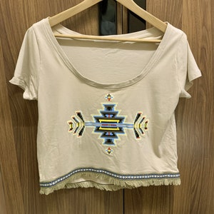 Vintage Beige Boho Women Tee Teen Girl South West Printed Crop Top Cropped T Shirt image 1