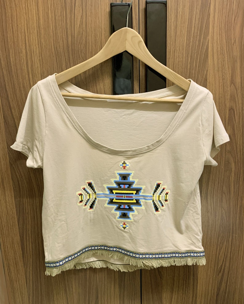 Vintage Beige Boho Women Tee Teen Girl South West Printed Crop Top Cropped T Shirt image 1