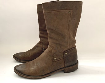 Vintage Braun Leder Mitte Länge Stiefel Runde Zehe Damen Kurze Stiefel Japanische Flache Ferse Booties Größe 71/2