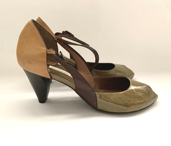 Vintage Japanese Made Womens Peep Toe Shoes Olive… - image 3