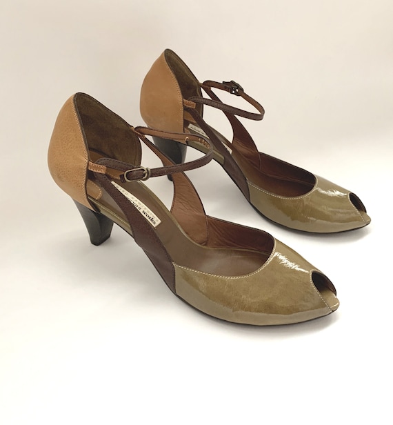 Vintage Japanese Made Womens Peep Toe Shoes Olive… - image 1