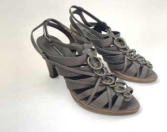 Vintage Brown Leather Gladiator Sandals Heels Womens High Heel Sandal Shoes 3 1/2 Inch Heel Size 7 1/2