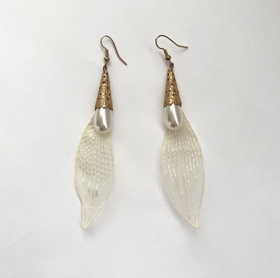 Vintage Filigree Pearl Drop Earrings Lace Pearl E… - image 2