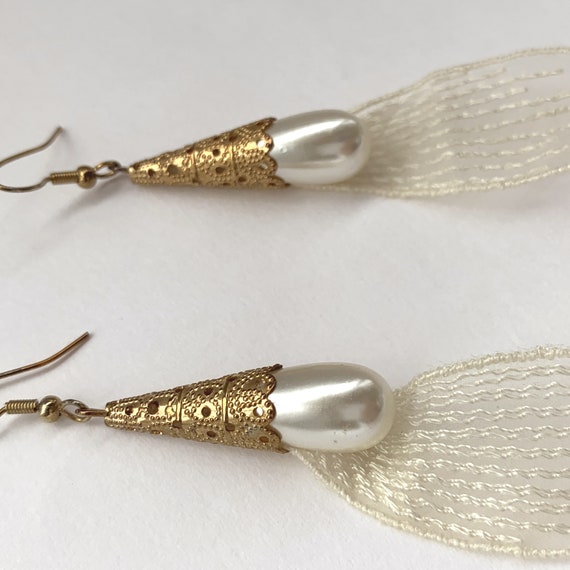 Vintage Filigree Pearl Drop Earrings Lace Pearl E… - image 5