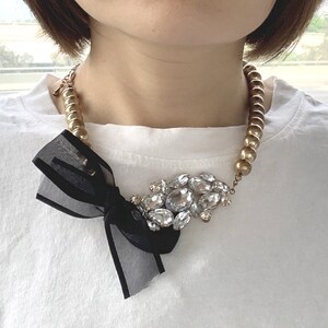 Vintage Brass Beaded Rhinestone Statement Necklace Cluster Pendant Necklace