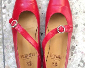 90s Vintage Womens Red Leather Rhinestone Flat Shoes