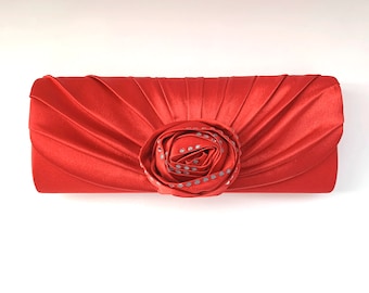 Vintage Red Rosie Womens Satin Clutch Big Rose Evening Bag Prom Handbag