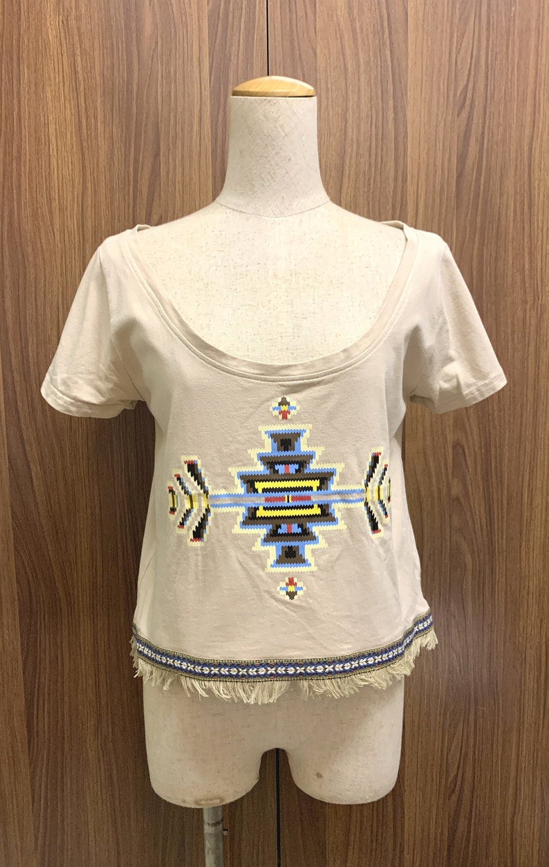 Vintage Beige Boho Women Tee Teen Girl South West Printed Crop Top Cropped T Shirt image 2