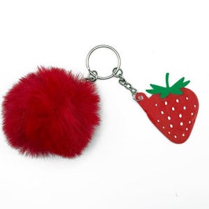 Strawberry Keychain with Pom Pom | Cute Fruit Bag Charm | Red Berry Summer Gift