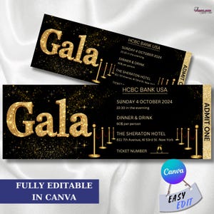 Goldene Gala Ticket Vorlage, geben Sie einen druckbaren digitalen Download, Schwarz-Gold-Einladung, Veranstaltungskarten, Gala-Karte, Event-Eintritt