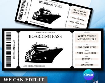 Editable Cruise Boarding Pass Template: Surprise Gift Ticket (Canva)