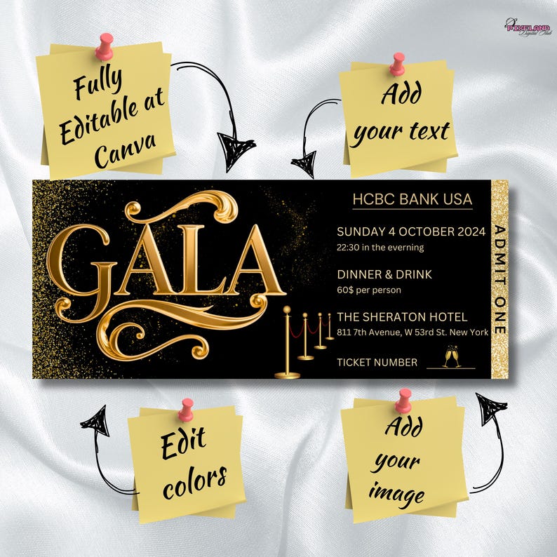 Black and Gold Gala Ticket Template, Printable Event Invitation ...