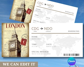 London Trip Surprise Gift, Boarding Pass Editable Template, Printable Voucher to London,Surprise Gift Ticket to England,Boarding Pass London