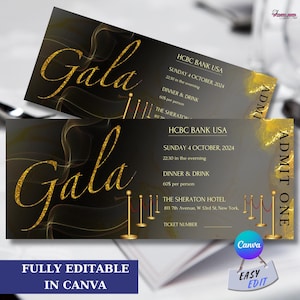 Goldene Gala Ticket Vorlage, geben Sie einen druckbaren digitalen Download, Schwarz-Gold-Einladung, Veranstaltungskarten, Gala-Karte, Event-Eintritt