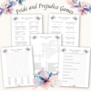 May include: A collection of "Pride and Prejudice" themed game sheets. The sheets include trivia, true or false, crossword, word search, and finish the quote games. Floral watercolor accents and the title "Pride and Prejudice Games" are featured.