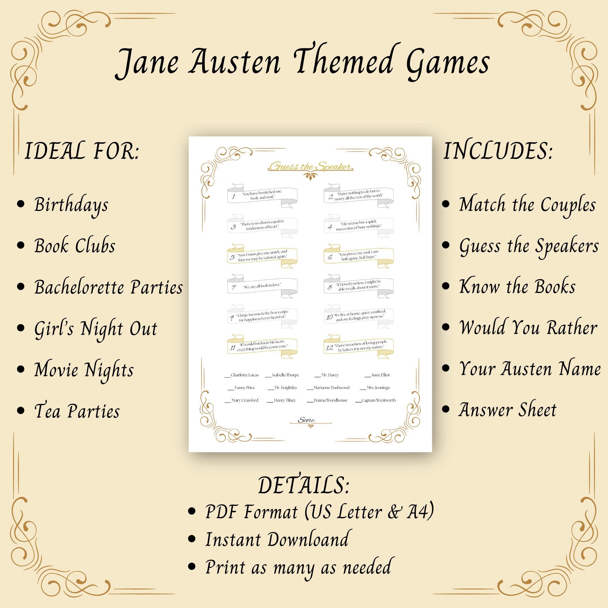 Jane Austen Themed Games Printable Regency Party Games Book Club