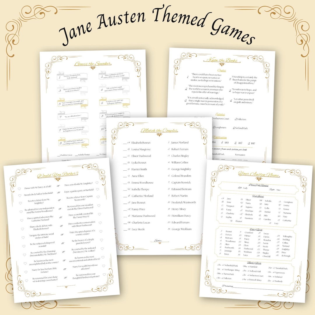 Jane Austen Themed Games Printable Regency Party Games Book Club