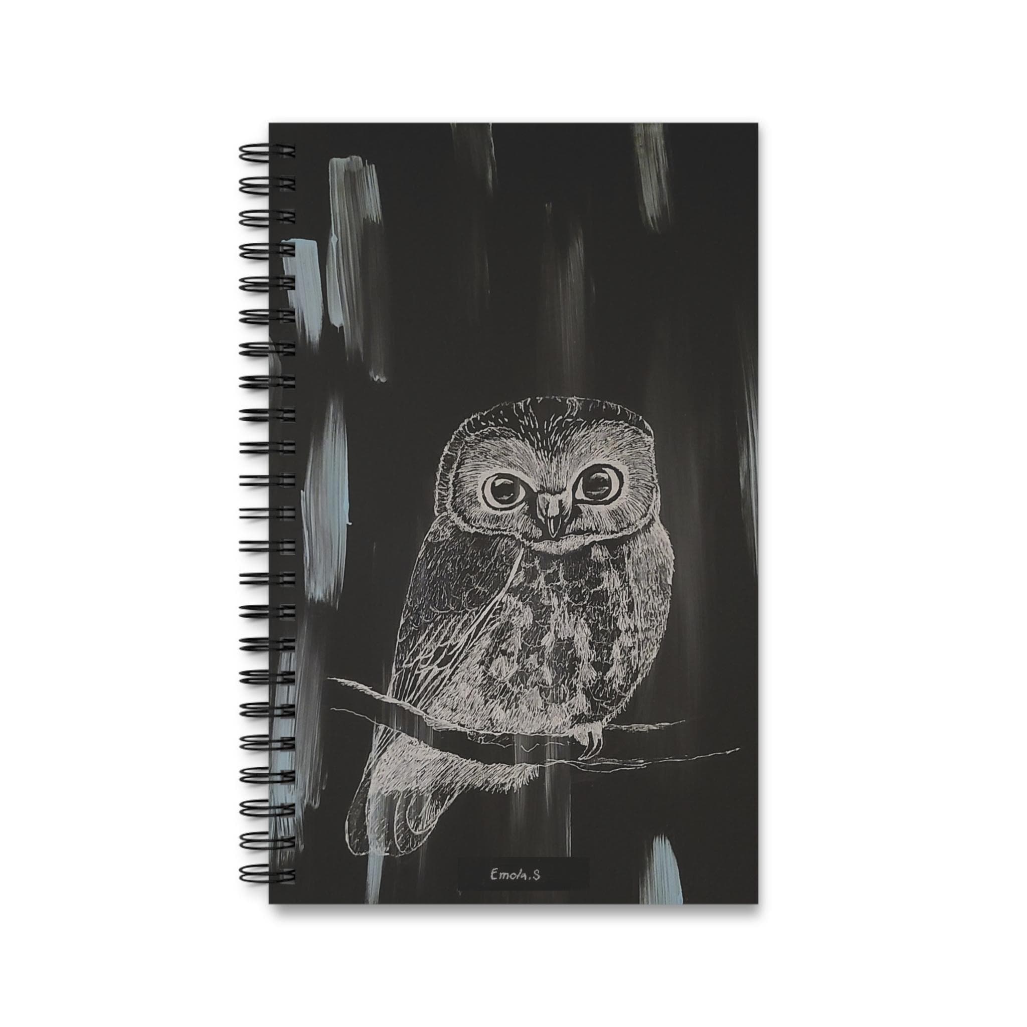 Little Owl Sketch Notes Spiral Journal | Lined Notebook, Black Brushstroke Cover