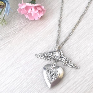 Ornate Heart Locket Necklace Silver Heart Jewelry Photo Locket, Locket Heart Necklace Charm, Victorian Style Gift for her