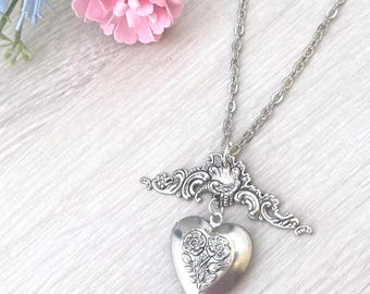 Ornate Heart Locket Necklace Silver Heart Jewelry Photo Locket, Locket Heart Necklace Charm, Victorian Style Gift for her