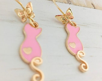 Pink Cat Earrings, Butterfly Cat Earrings, Cute Pink Cat Jewelry, Gift for Cat lover, Pink Heart Earrings, E108