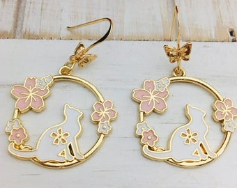 Sakura Flower Cat Earrings, Pink Sakura Flower Earrings, Floral Earrings, White cat Earrings, E110