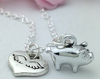Silver Pig Necklace - Silver Pig Pendant- Pig Lovers Necklace -When Pigs Fly Necklace- Pig Jewelry, Valentine Gift