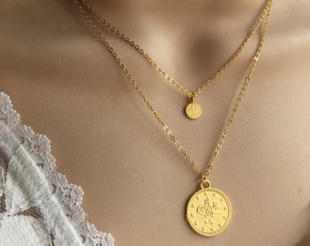 Gold Coin Necklace Set / Ottoman Coin Necklace / Turkish Coin Necklace / Round Gold Medallion, Gold Disc Pendant / Simple Jewelry