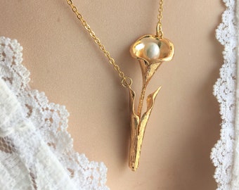 Gold Calla Lily Pendant with Freshwater Pearl gift for MOM Mother's day gift