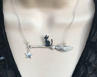 Cat On A Broom Necklace - Cat Pendant- Cat Lovers Necklace -Cat Necklace - Cat Jewelry