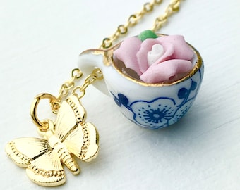 Garden Teacup Necklace, Porcelain Rose Teacup Necklace, Gift for a Tea Lover, Tea Gift, Tea Jewelry