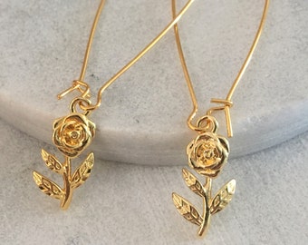 Tiny Gold Rose Flower Earrings, Long gold earrings, tiny gold Flower, dainty earrings, everyday earrings, simple small dangle earrings