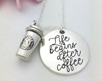 Personalized Coffee Lovers Coffee Cup Necklace Life Begins After Coffee Coffee Gift Coffee Jewelry